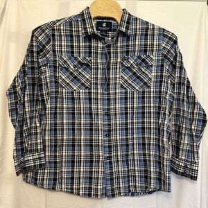 Rocawear Men's Size 3XL Blue Black White Plaid‎ Long Sleeve Button Up Shirt